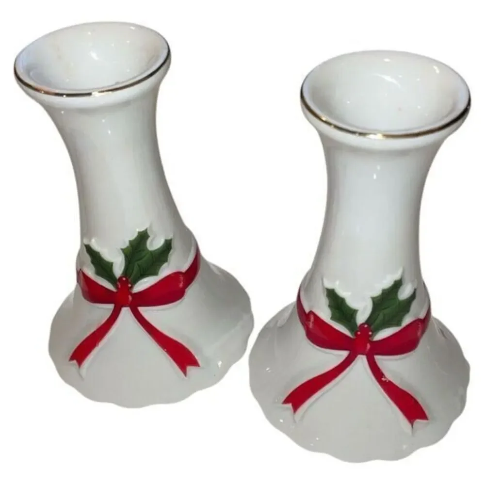 Mount Clemens Vtg Porcelain Christmas Candle Holders Pair‎ Ribbon Holly Japan